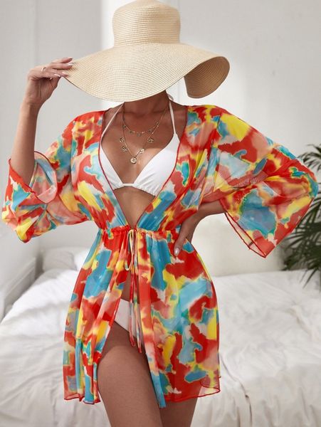 

allover print drawstring kimono r19x#, White;black