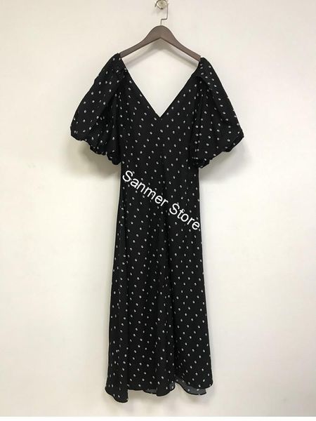 

2021 new mulheres dot print preto vestido longo curto seeve sem costas v neck novo vero feminino maxi festa robes 3wv4, Black;gray