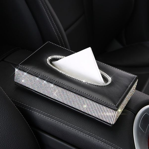 

bling crystal car tissue luxury pu leather auto paper box holder cover case tray for home office automotive