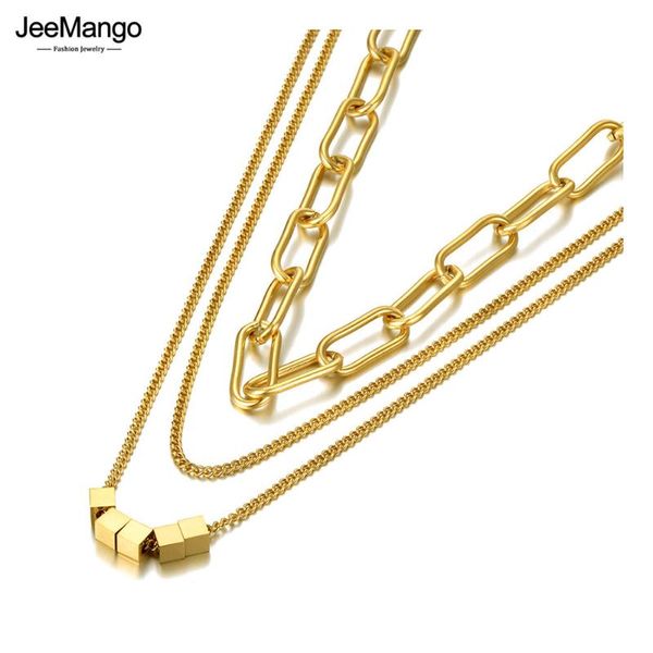 

chokers jeemango goth 18k gold stainless steel three layer choker necklace fashion hiphop/rock link chain jewelry for women girl jn21181, Golden;silver