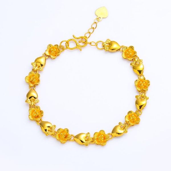 

link, chain light yellow gold color stackable heart and flower link bracelet romantic style jewelry, Black