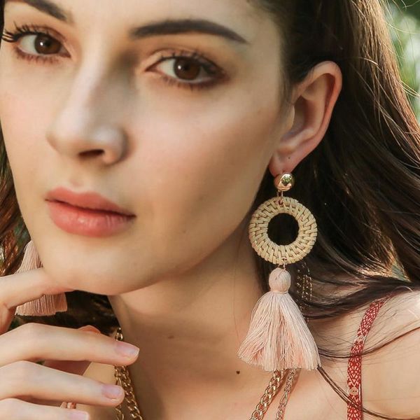 

dangle & chandelier earrings for women bohemian rattan stud earring ethnic style raffia tassel female simple fashion jewelry accessories, Silver