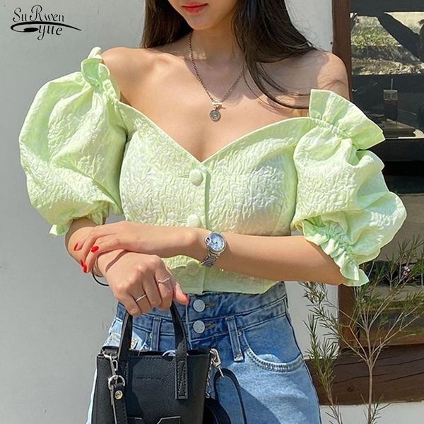 

women's blouses & shirts bubble sleeve summer sweet blouse 2021 fashion casual loose korean slash-neck shirt folds blusas mujer 15, White