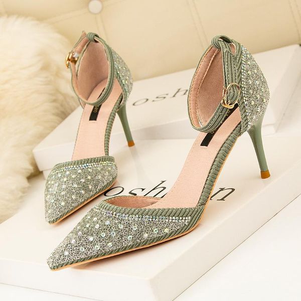 

dress shoes fashion women pumps 2021 ankle strap side empty one word buckle crystal two-piece, Black