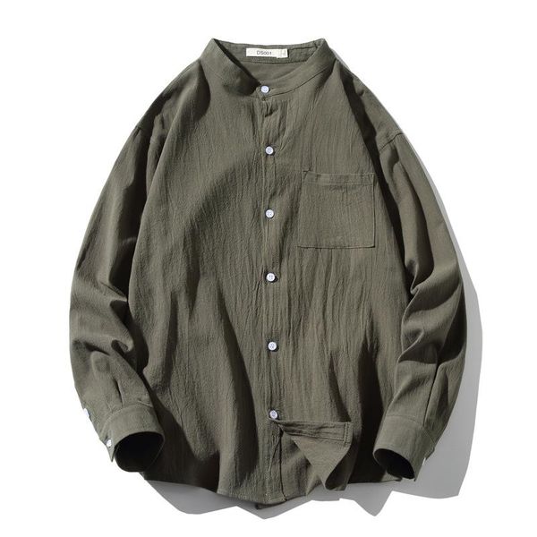 

men's casual shirts spring cotton linen long-sleeved solid color shirt japanese stand-up collar loose retro fresh breathable plus size, White;black