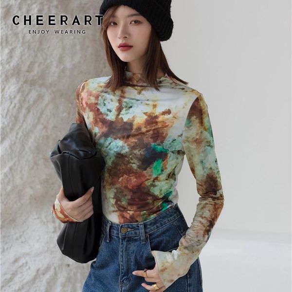 

cheerart tie dye abstraction print long sleeve women tshirt turtleneck bodycon t shrit fall 2021 tee alternative fashion, White
