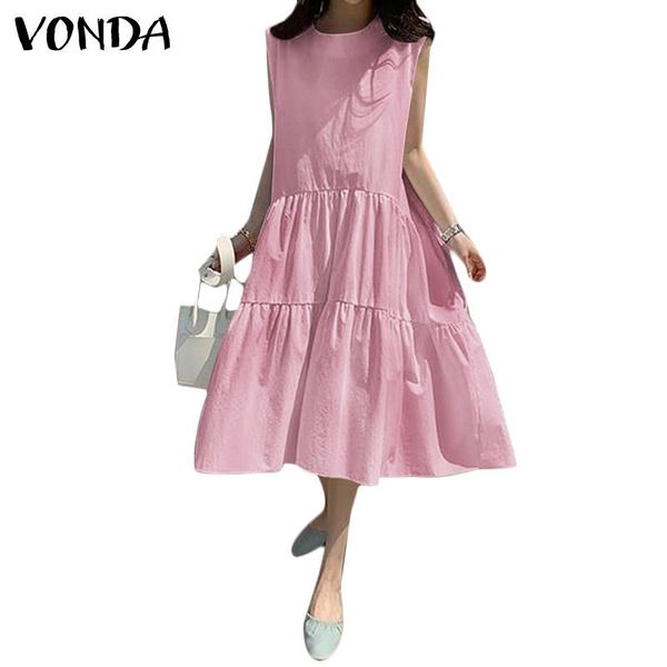 

casual dresses vonda women sundress bohemian holiday party pleated long 2021 summer plain tank vestidos plus size s-5xl, Black;gray