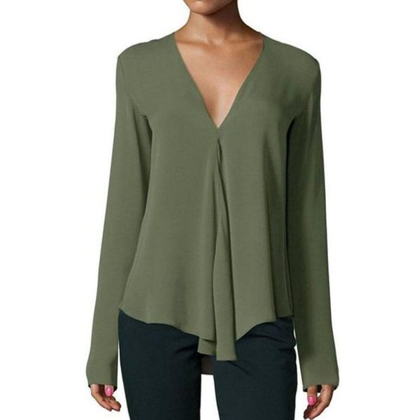 

women's solid color deep v-neck long-sleeved loose chiffon shirt x2, White