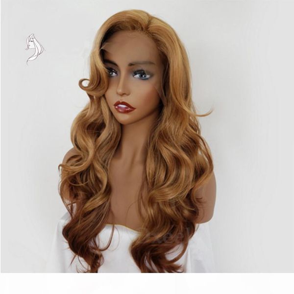 

body wave fiber hair gold wig long wavy wig heat resistant gluelese synthetic lace front wigs for black women fzp29