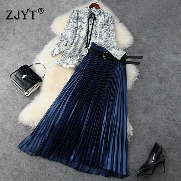 

spring fashion runway two piece outfit women vintage print loose shirt and long pleated skirt suit ol party twinset 210601, White