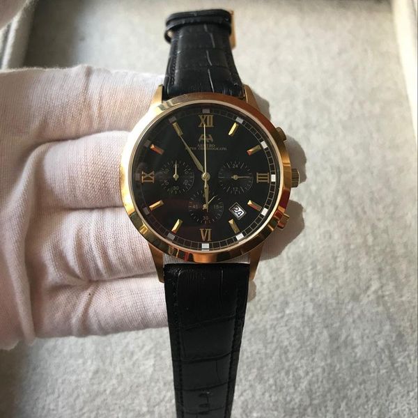 

wristwatches luxury mens watch ah aehibo gold stainless steel black dial vk quartz movement chronograph multi-function genuine leather strap, Slivery;brown