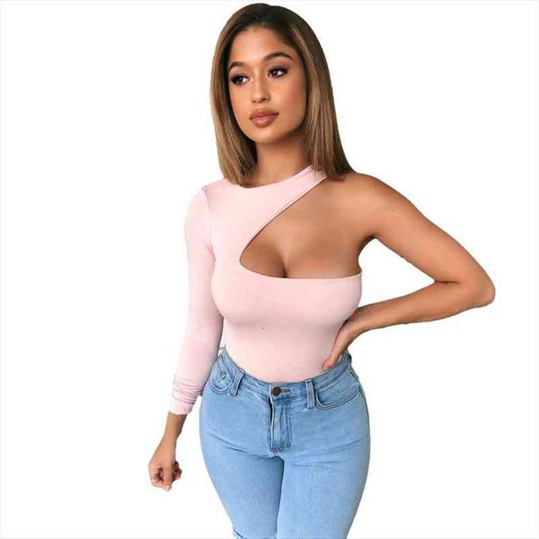 

cotton knitting one shoulder pink jumpsuit for women long sleeve stretchy bodysuits ladies soft slim bodycon rompers, Black;white