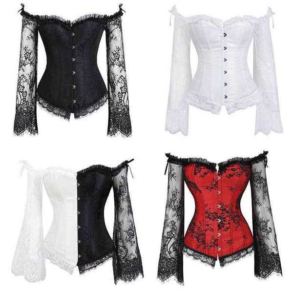 NXY set sexy Corsetto overbust di alta qualità Sexy maglia di pizzo manica lunga Bottoni erotici Donne floreali Bustier Corsetto Lingerie Top Broccato 1206