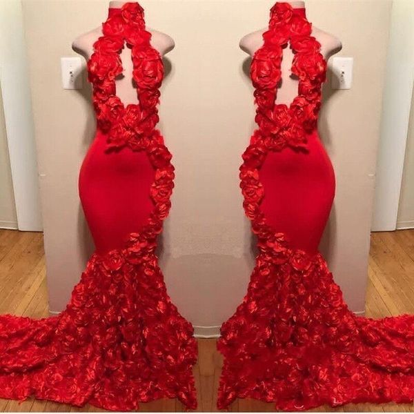 

2021 new red mermaid african prom es hand flowers high neck formal evening satin fashion cocktail party hy61, White;pink