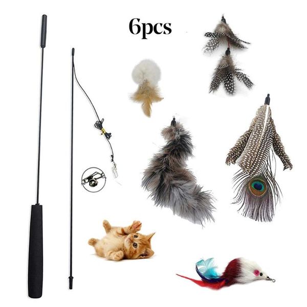 

cat toys 6pcs pet kitten teaser feather bell mouse replacement head funny play toy long rod sticks interactive pets supplies