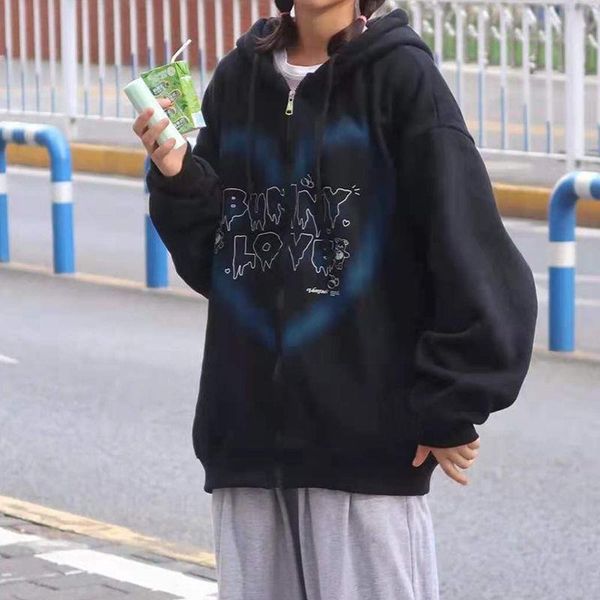 

women's hoodies & sweatshirts autumn harajuku punk 90s e-girl aesthetic y2k zipper oversized anime graffiti heart letter bear print bla, Black