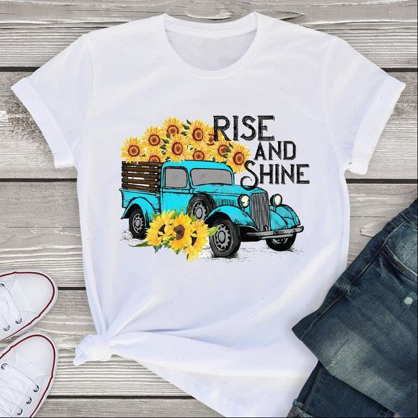 

women graphic sunflower 90s cute vintage truck short sleeve summer lady womenst shirt tees clothing female t shirt, White