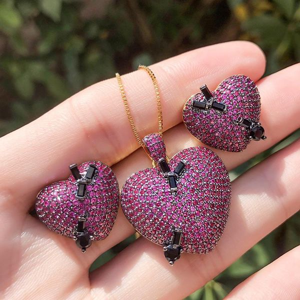 

earrings & necklace gold copper heart white purple cubic zirconia women's wedding party fashion jewelry sets gift, Silver