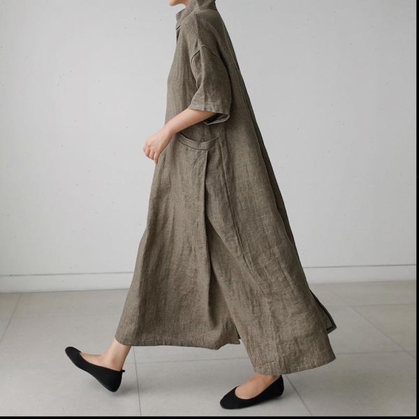 

women vintage cotton linen dresses v neck solid color robes 2021 new summer short sleeve pockets female loose dresses, Black;gray