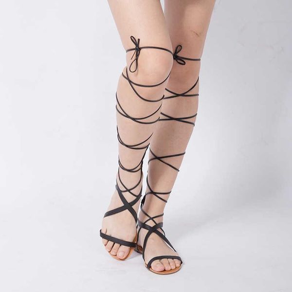 

sandals large size cross strap beach flat bottom fashion high long tube lace up open toe roman women's shoes, Black