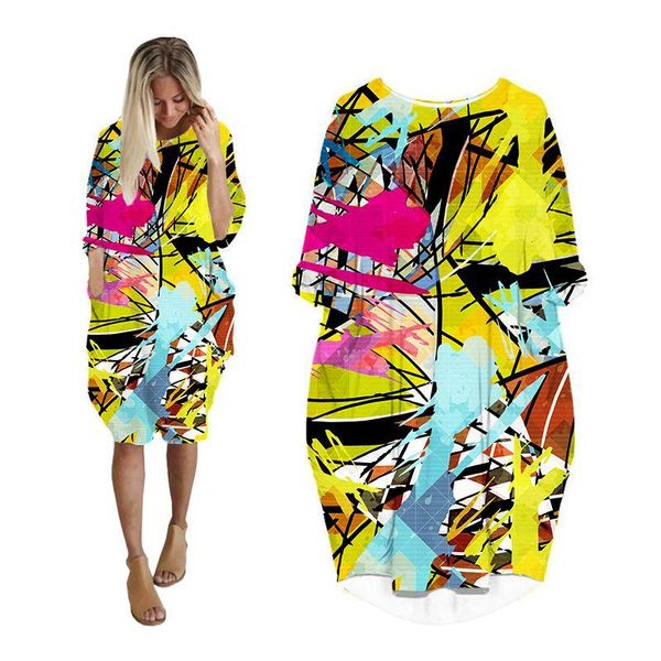 

casual dresses midi dress woman graffiti 3d print fashion pocket harajuku long sleeve abstract womens streetwear plus size punk clothes, Black;gray