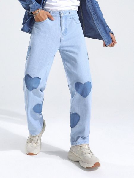 

men heart pattern slant pocket jeans h63q#, Blue