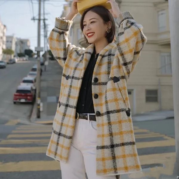 

2021 new outono inverno feminino l blend jacket xadrez manga longa turn-down colarinho solto meados de comprimento casaco com bolsos duplos, Black