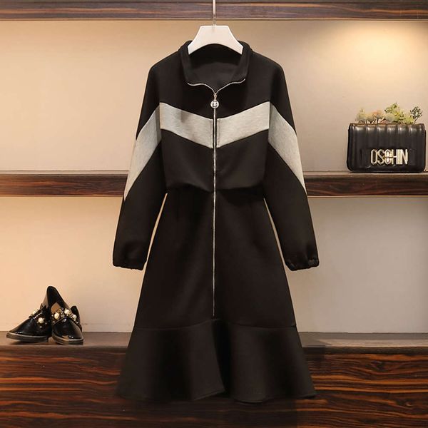 

2020 large women's new spring and autumn slightly fat younger sister reduce age cover belly show thin foreign style leisure dress fashi, Black;gray