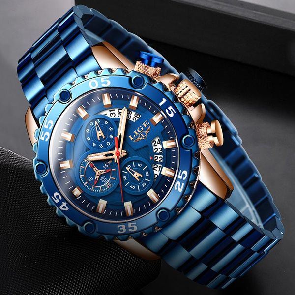

wristwatches 2021 men watches luxury lige brand blue stainless steel quartz watch casual sport fashion male waterproof relojes, Slivery;brown