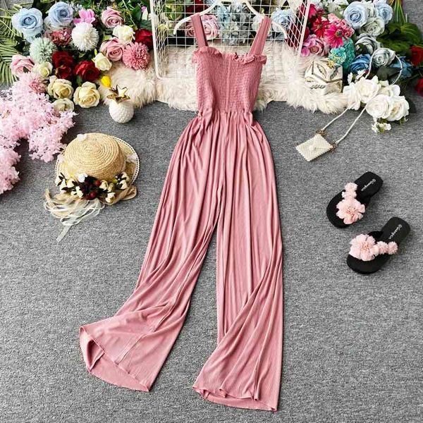 

women ruffles jumpsuits summer spaghetti strap straight pants romper ladies elegant overalls beach playsuits 210602, Black;white