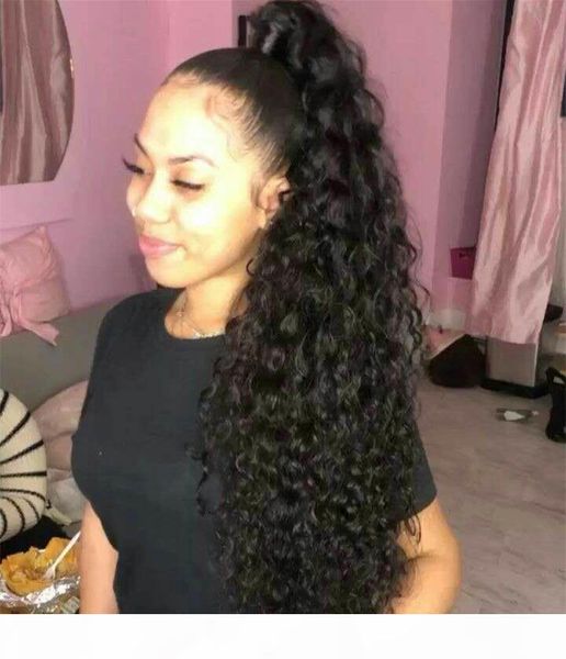 

cute and chic curly virgin raw human pony tail natural non remy horse tail horsetail tight hole clip in drawstring ponytail hair extensions, Black