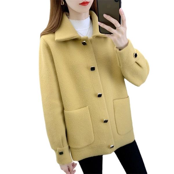 

women's suits & blazers autumn-winter double-sided woolen short coat temperament knitted cardigan solid color jacket lapel single-breas, White;black