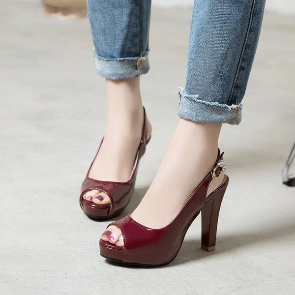 

summer sandals women shoes patent leather platform thick high heels shoes buckle peep toe party sandals big size 33-43, Black