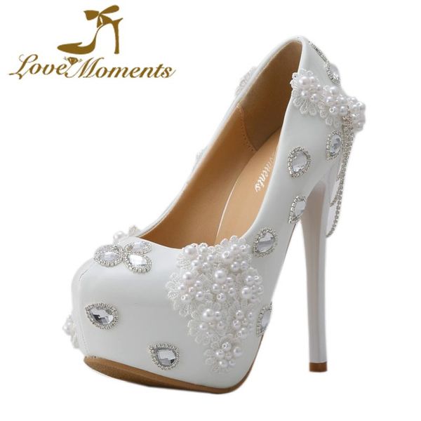 

dress shoes love moments bridal women pumps white lace flower high-heeled crystal pearl wedding christmas banquet, Black
