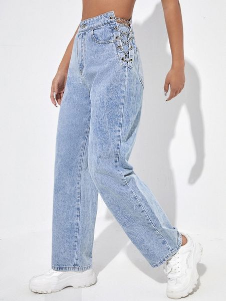 

high waisted chain lace up jeans f46d#, Blue