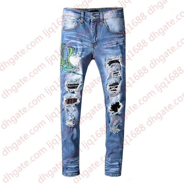 

sokotoo men's blue snake embroidery skinny jeans streetwear pu leather patchwork holes ripped stretch denim pants1