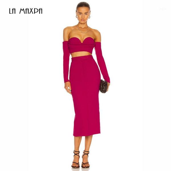 

two piece dress 2021 rose red two-piece off-shoulder card shoulder long-sleeved tube + mid-length tight skirt nightclub evening, White
