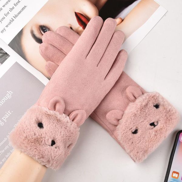 

five fingers gloves ladies winter suede warm touch screen outdoor full finger cycling thicken plus fleece windproof, Blue;gray