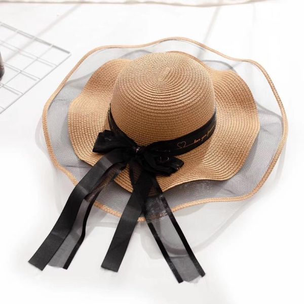 

wide brim hats korean style woman straw gauze joint bow ribbon large sunshade ins celebrity outing fashion beach holiday glacier hat, Blue;gray