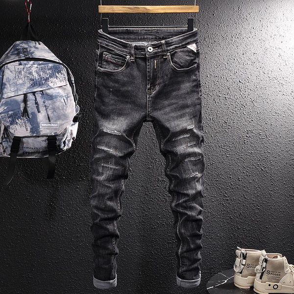 

men's jeans street fashion men retro black gray elastic slim fit ripped embroidery patchwork designer hip hop denim pants, Blue