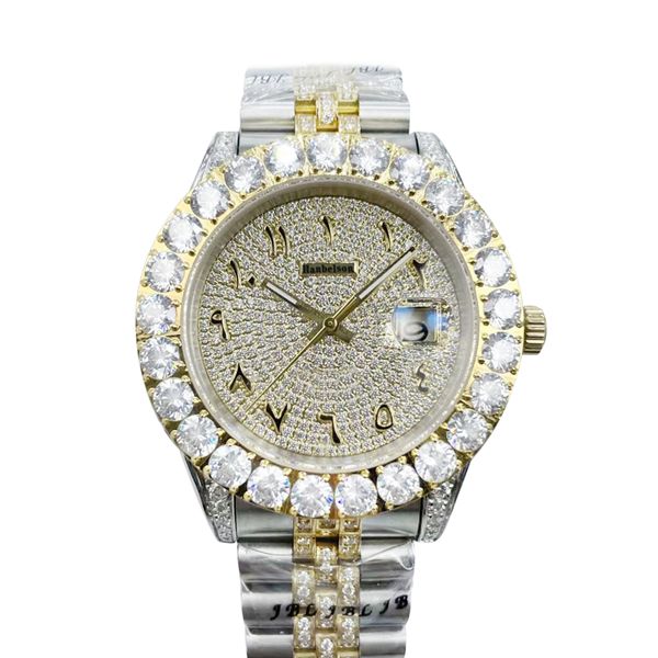 2022 Orologio da uomo automatico con pavé di diamanti, scritta araba, orologi completamente ghiacciati, bracciale in acciaio inossidabile bicolore da 41 mm con zaffiro di lusso Hanbelson