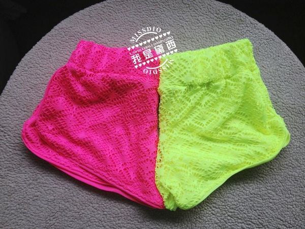 

unikiwi.hollow out lace womens shorts 2 colors bright fluorescent color slim beachwear fitness surfers short pants, White;black