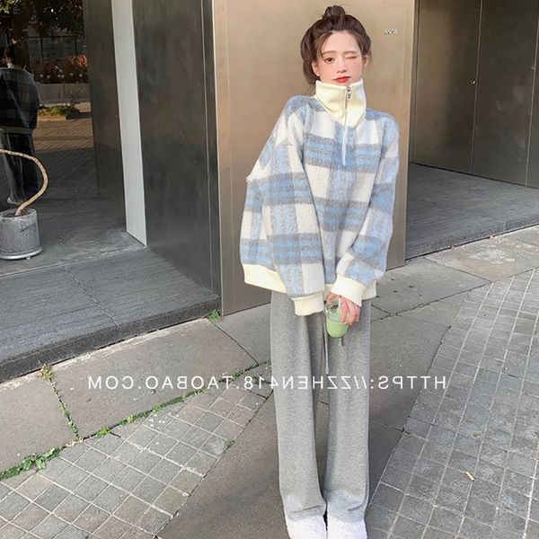 

korean version of versatile design sense niche plaid sweater women's autumn and winter 2021 new loose thickened coat trend, Black