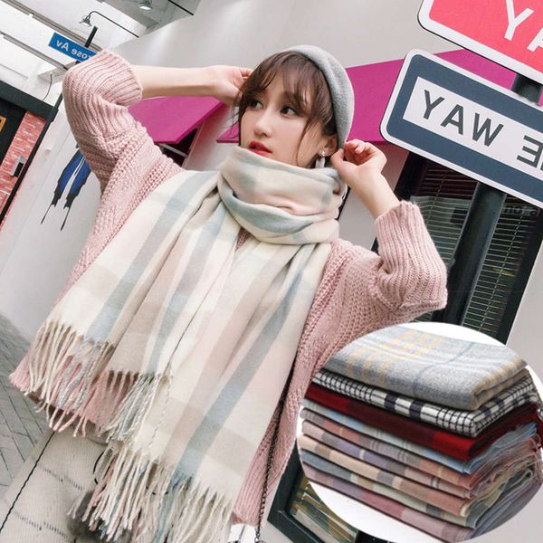 

plaid scarf female winter british classic japanese and korean dual purpose versatile harajuku student thickened cashmere shawl, Blue;black