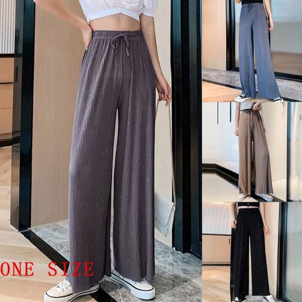 

women's pants & capris women summer thin trousers wide leg high waist pleated solid drawstring elastic long plus size, Black;white
