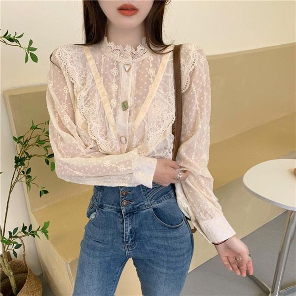 

women lace blouses shirts office lady ruffle long sleeve pullover spring autumn female elegant turtleneck shirt blusas, White