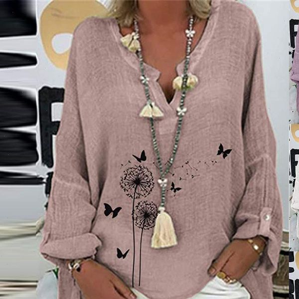 

r40 cotton linen long shirt plus size blouse women casual loose long sleeve floral v neck shirt blouses women autumn, White