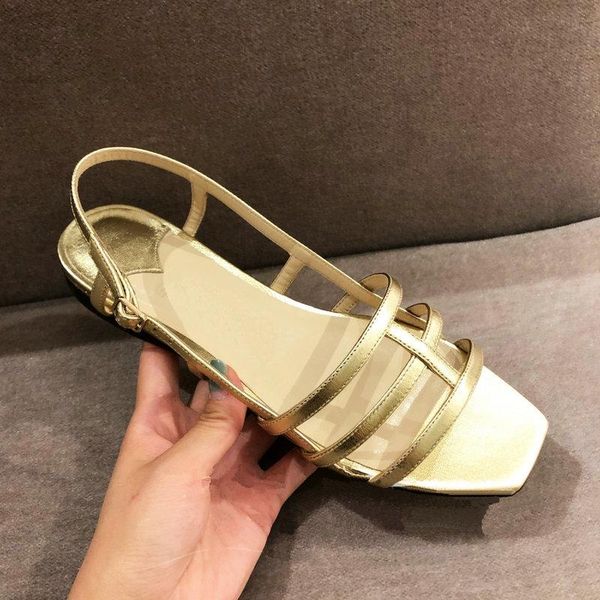 

2021 summer new fish mouth roman sandals golden strap flat shoes european and american style soft leather women's shoes sandals, Black