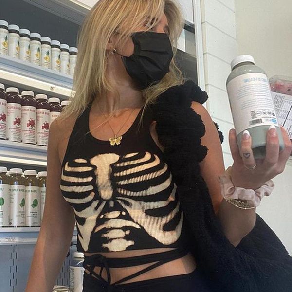 

yellow skeleton printed t shirt women crop 90s y2k grunge black gothic funny summer sleeveless ribbed graphic t-shirt, White
