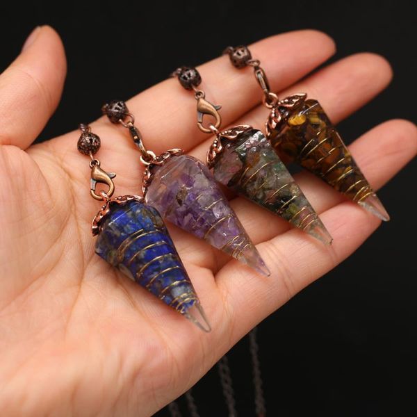 

pendant necklaces natural semi-precious stone conical shape lapis lazuli tiger eye for jewelry making gift women, Silver